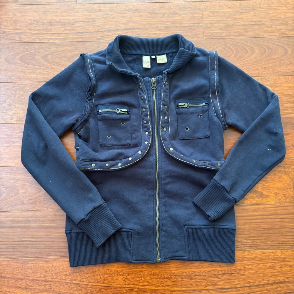 BKE Womens Large Navy Blue Full Zip Sweatshirt Studded Utility Vest Layered Y2K